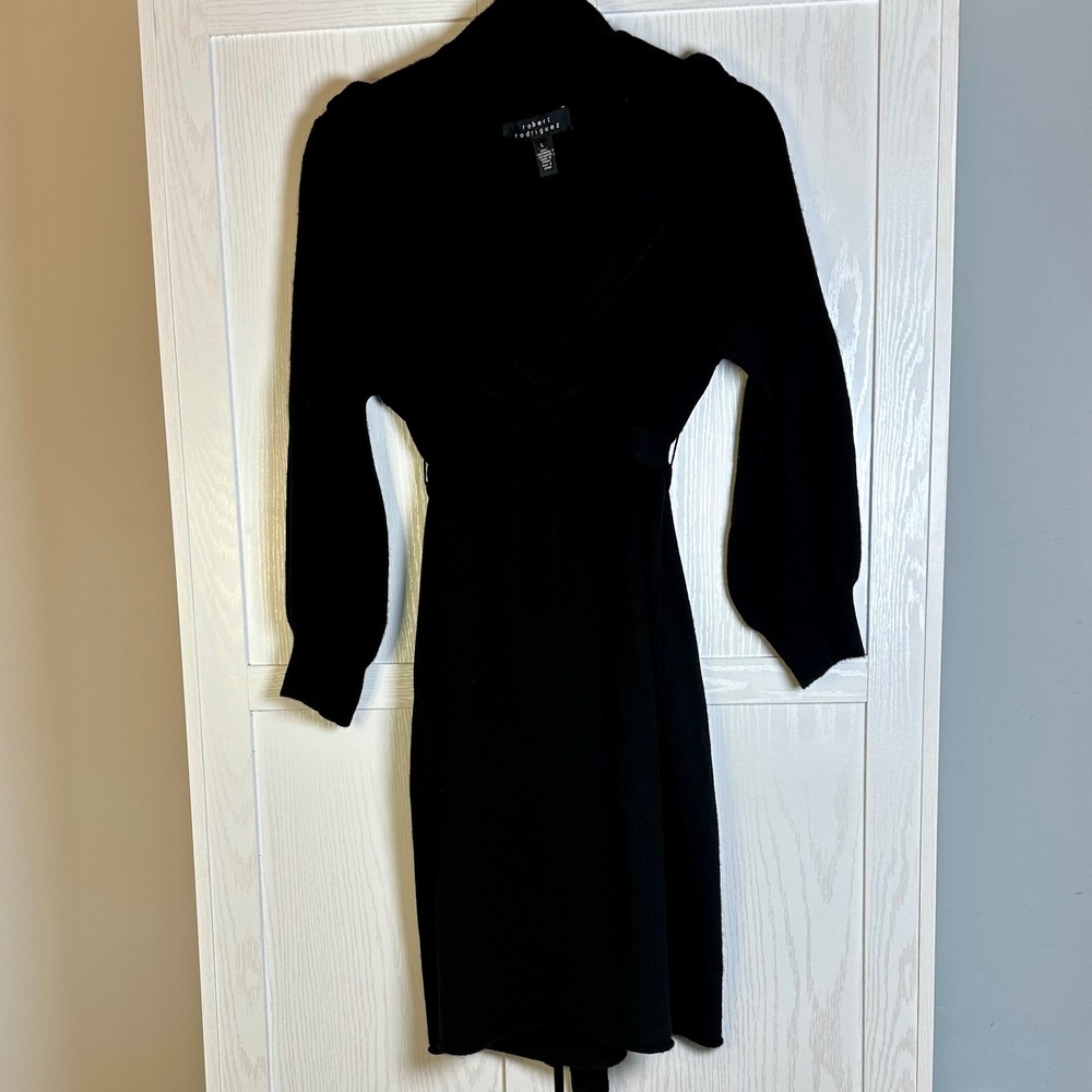 Robert Rodriguez Black 100% Cashmere Shawl Collar Tieback Sweater Dress Size L